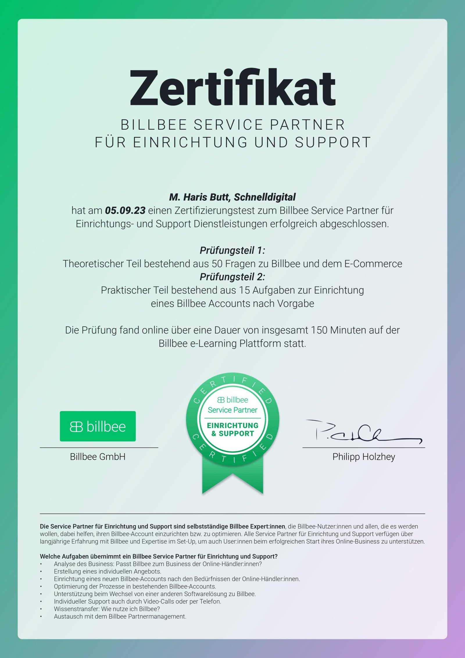 Billbee Service-Partner Zertifikat – M. Haris Butt, Schnelldigital